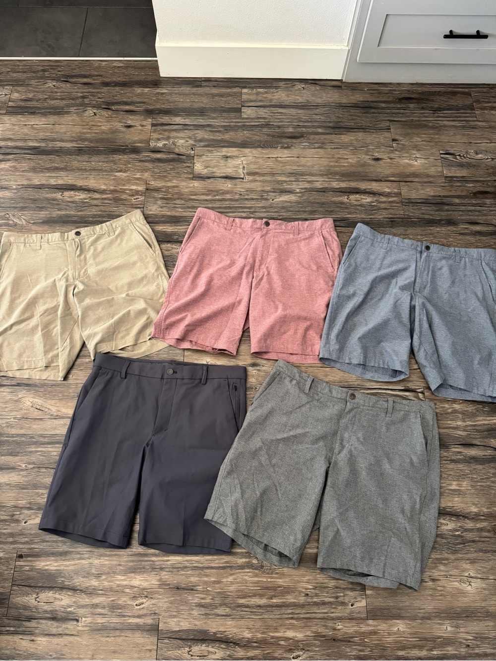 Men's Casual Performance Shorts - set of 5 Sand, Rose, Blue, Charcoal, Gray
